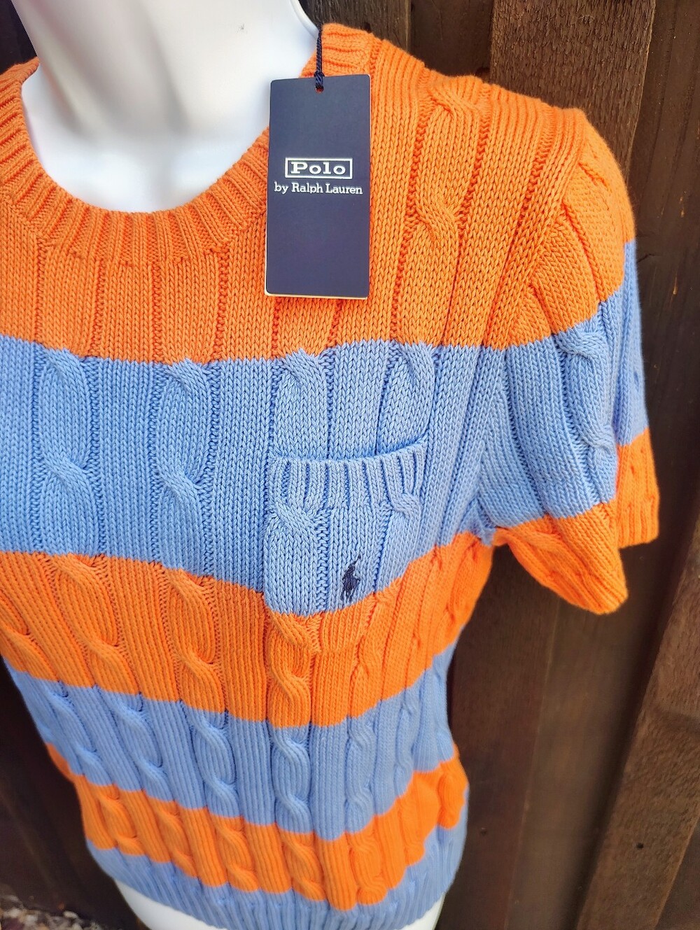 Ralph Lauren Orange and Light Blue Striped Cable Knit Crewneck Sweater
